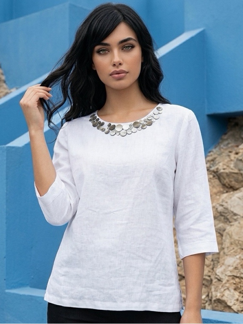 Roni Rabl Designer White/Silver Linen blouse (L)